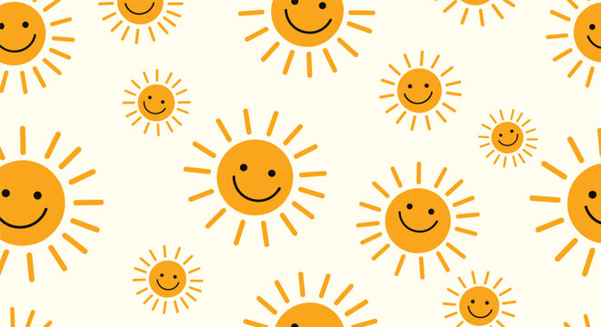 Bright and happy pattern of yellow sun characters with smiling faces and many rays scattered across a cream background for kids.