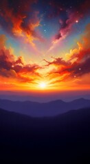 Obraz premium Vibrant Sunset Over Mountain Range with Colorful Clouds and Sky.