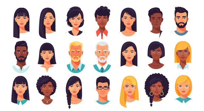 Diverse People Avatars Collection, Multicultural Faces, Vector Flat Design