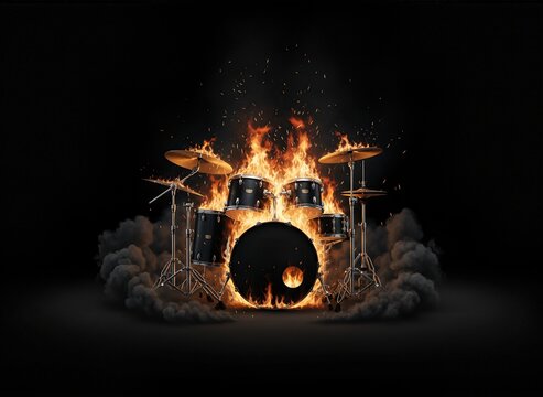 Professional Black Drum Kit on Fire with Realistic Orange Flames and Smoke Clouds on a Dark Background, Dramatic Musical Instrument Illustration for Rock and Metal Concert Posters