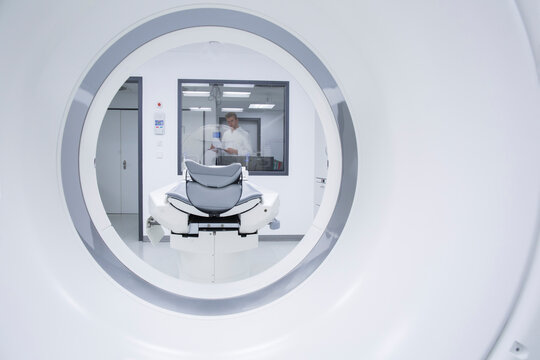 Radiologist in hospital, computer tomograph