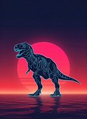Fototapeta premium Retro Synthwave Tyrannosaurus Rex Illustration with Neon Glowing Dinosaur Skeleton Silhouette over a Vibrant Pink Sunset and Water Reflection, 80s Aesthetic Digital Art Background