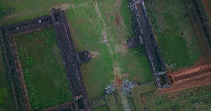 Aerial view of Cultural heritage landscape of Wat Phu Temple in Champasak, Laos. The ancient Khmer temple dedicated to Shiva stands beneath Phu Kao Mountain, religious sites of the Khmer Empire.