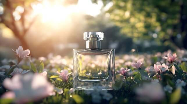 Clear glass perfume bottle surrounded by pink flowers and green grass