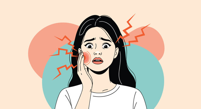Young woman suffering from severe toothache or jaw pain with red irritation marks and lightning bolts illustrating discomfort.