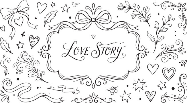 A romantic illustration featuring the words Love Story in elegant script surrounded by hearts stars and floral patterns on a white background