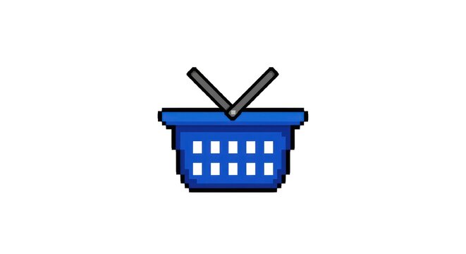 Blue shopping basket icon pixel art.