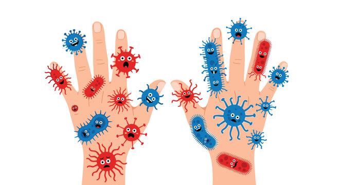 Human hands covered in many colorful cartoon germs and bacteria to illustrate the importance of hand washing and hygiene for health.