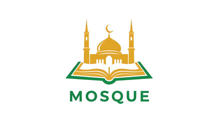 Islamic Education Logo with Golden Mosque Silhouette over Open Quran Book on White Background Vector Illustration