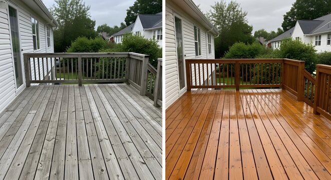 Deck cleaning and staining before and after side-by-side comparison with wood deck