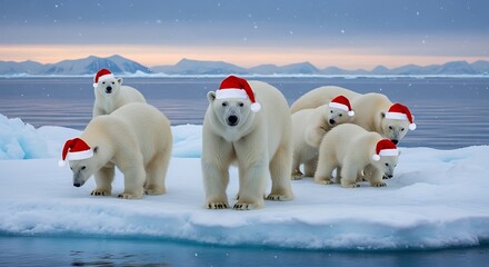 Fototapeta premium Festive Polar Bears Celebrate Christmas on Icy Arctic Landscape.