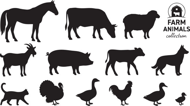 A collection of farm animal silhouettes including a horse cow sheep goat pig lamb dog cat rooster turkey duck and duckling on a white background