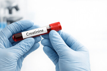 Obraz premium Scientist holding a glass test tube with blood sample labeled creatinine. Laboratory researcher performing a medical diagnostic test for kidney health. Clinical analysis and healthcare concept.