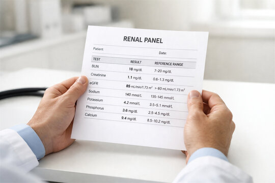 Doctor holding a renal panel medical report with laboratory blood test results. Healthcare worker analyzing kidney function data for diagnostic assessment and patient health evaluation.