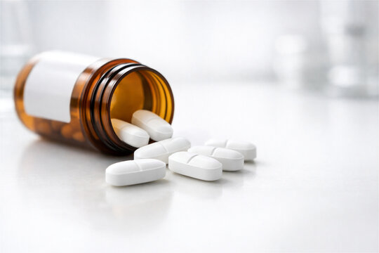 White medical pill spilling from amber glass bottle. Pharmaceutical drug container on table. Healthcare treatment and pharmacy concept. Medication abuse or prescription health supplement.