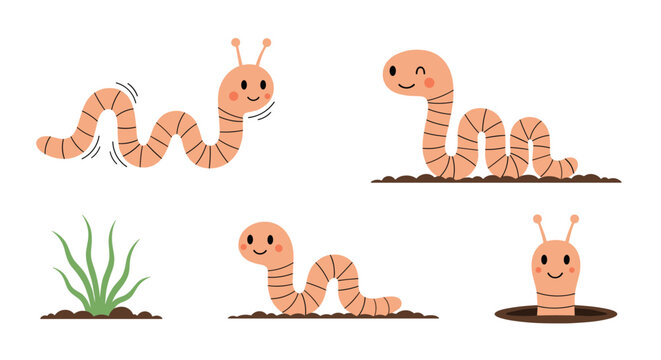 Collection of adorable pink earthworm characters in various activities like crawling, winking, and peeking out of a hole.