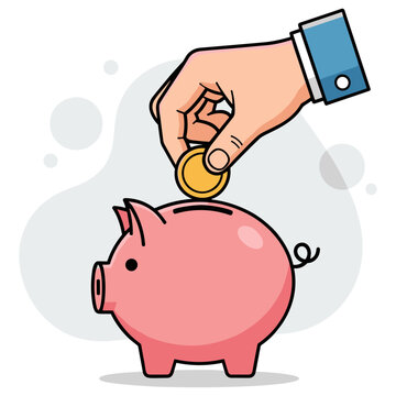 Hand inserting coin into piggy bank representing savings. non editable strokes