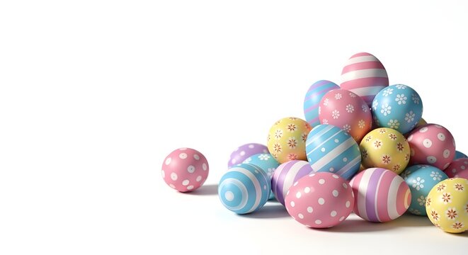A pile of colorful easter eggs on a white background