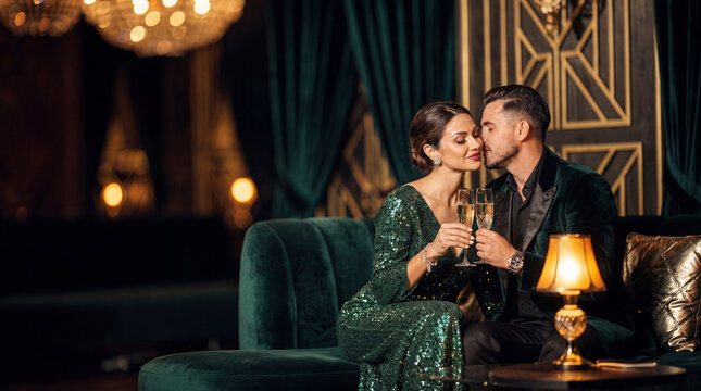 Elegant couple in evening wear enjoying champagne in a luxury lounge