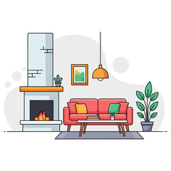 Naklejka premium Living room interior with sofa and fireplace scene. non editable strokes
