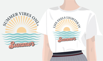 Summer themed retro design with sun and waves with women t shirt mock up for t-shirts , mom quotes, t-shirt, cards, frame artwork, phone cases, bags, mugs, stickers, tumblers © Laboni