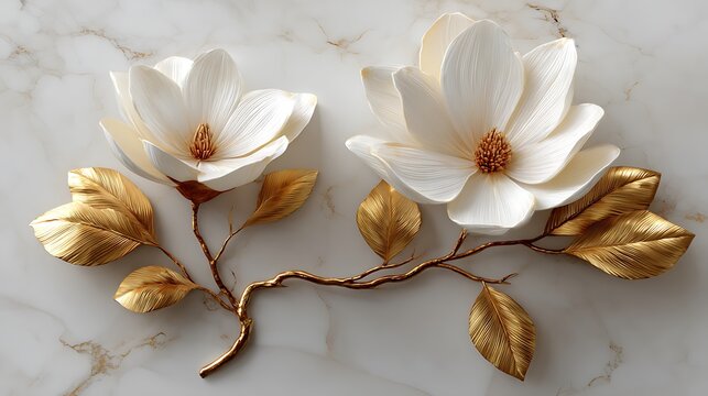Elegant white magnolia flowers with golden branches and leaves on marble background