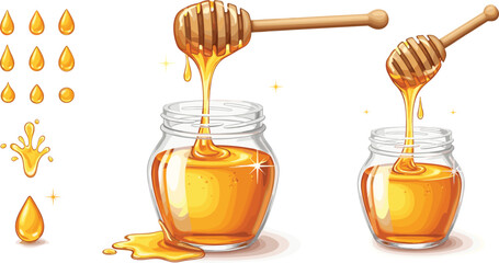 Golden honey dripping from wooden dipper into glass jar sweet organic natural food vector illustration isolated background © EdGe Creative