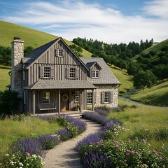 Obraz premium Rustic wooden house nestled in a serene valley with a winding path.