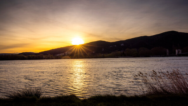 sunset over the Rh&ocirc;ne near Robinet Bridge, Donzere, france