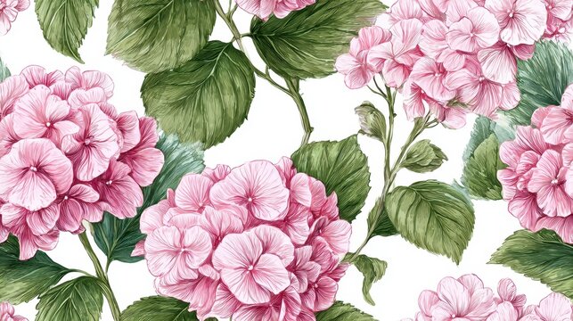 Detailed pink hydrangea botanical illustration on white background