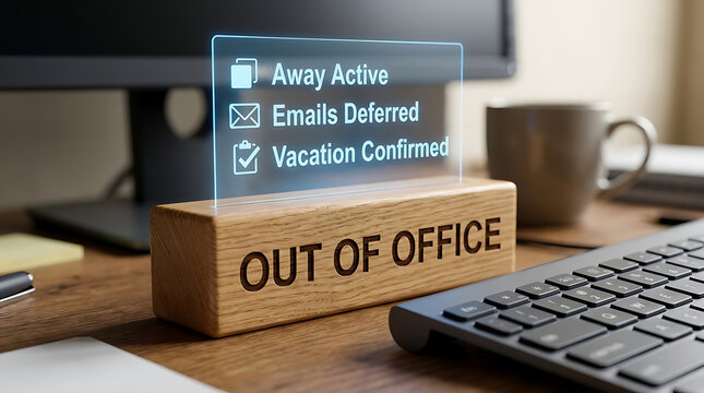 Out of office wooden block on a desk with keyboard and computer monitor in background