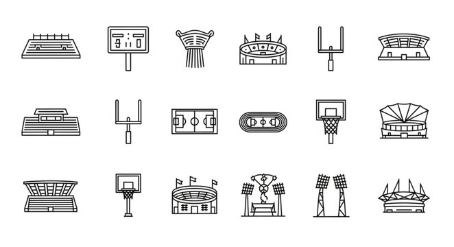 Collection of Stadium and Sports Venue Line Art Icons.