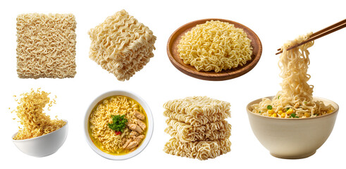 Set of Instant noodles ramen, popular convenient global precooked staple, uncooked cook, dry soup, bowl plate chopstick, stack pile, transparent cutout PNG. Mockup for design