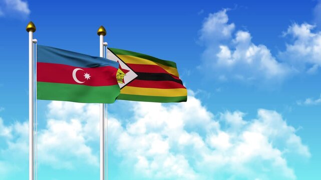 Waving flags of AZERBAIJAN and ZIMBABWE on pole included with alpha