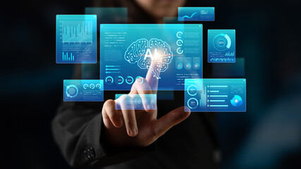 Fototapeta premium Comprehensive AI monitoring dashboard featuring neural network brain AI core surrounded by various AI data analytics widgets, charts, and voice recognition UI. AI High-tech data science. Corpus