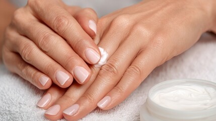 Naklejka premium Woman applying moisturizer cream on hand. Hand skin care routine with cosmetic lotion. Beauty treatment for healthy soft skin. Therapeutic body care and dermatology health concept.