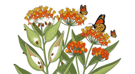 Monarch butterflies flying around blooming milkweed flowers, illustration © jono