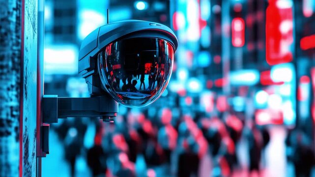 CCTV camera observes bustling street filled with people and bright neon lights during nighttime in an urban environment