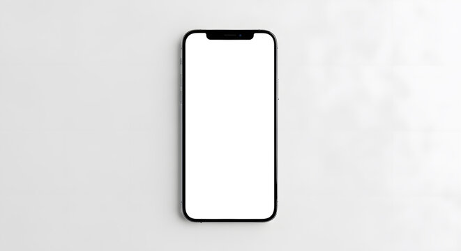 Top view of flat lay smartphone with empty white display on clean neutral background