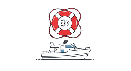 Rescue boat with life preserver and medical symbol illustration. © Kemin