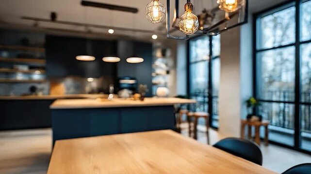 Blurred modern kitchen and dining room interior with wooden table