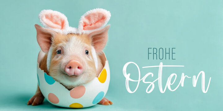 Frohe Ostern Konzept, Ferien Feiertag Gru&szlig;karte, Karte mit deutschem Text - Lustiger Osterhase Schwein Ferkel mit Hasenohren und Osterei isoliert auf blauem Hintergrund