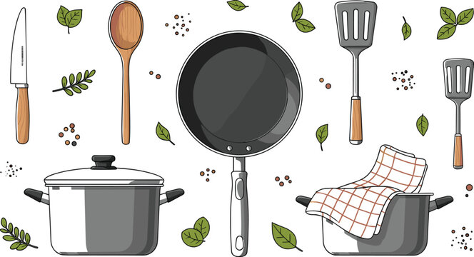Kitchen cookware set with frying pan pot spatula spoon and utensils cooking tools vector illustration isolated background