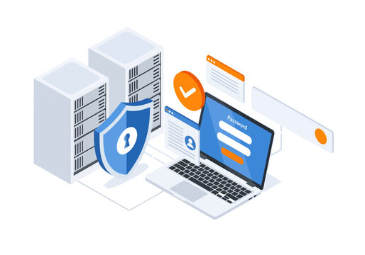 An isometric digital illustration portrays a laptop with a secure password login screen guarded by a large blue shield, standing beside two white server racks and floating UI elements ensuring access