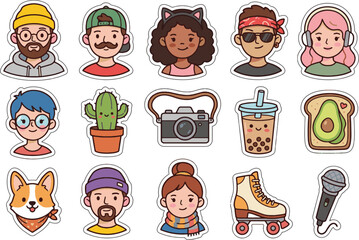 Fototapeta premium Cute Creative Profile Avatar Vector Sticker Set. Hipster man with beanie and girl with headphones.