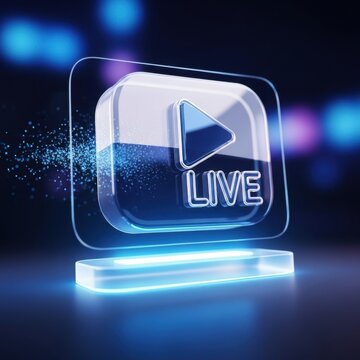 Glowing blue live play button on a futuristic platform