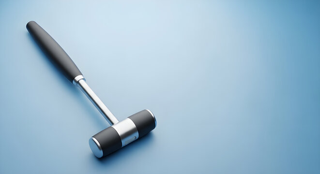 A black and silver ball peen hammer on a blue surface