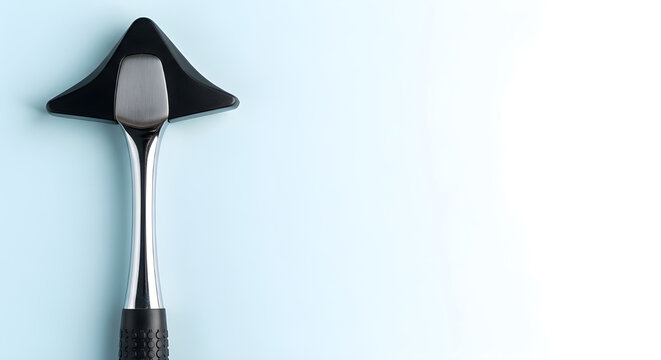 Makeup brush with black handle and silver ferrule on light blue background