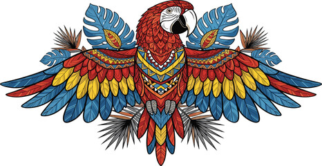 Colorful macaw parrot with spread wings decorative tribal pattern tropical bird ornamental vector illustration isolated background © EdGe Creative