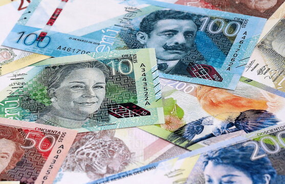 Peruvian sol money bills pile on table. Peru banknotes of PEN currency close up.